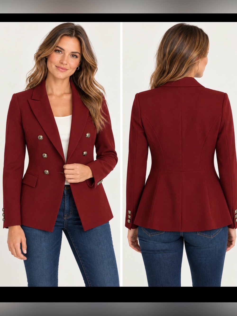 White House Black Market Burgundy Double Breasted Blazer Gold Buttons